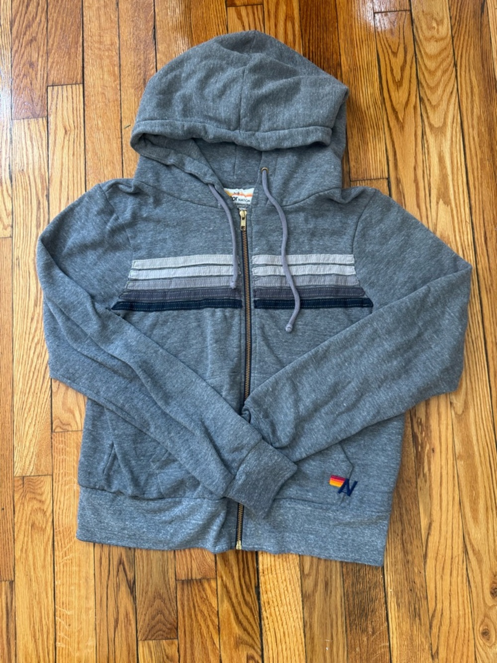 Aviator Nation Gray 5 Stripe Zip Hoodie with Grey Stripes